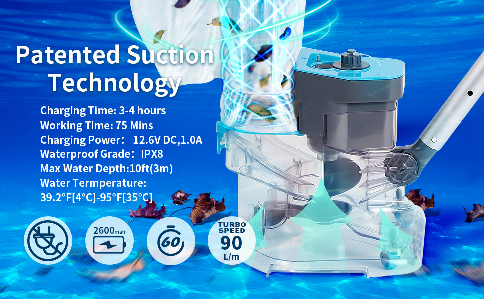 Leaf Eater, Heavy-Duty Cordless Pool Vacuum Cleaner with Dual Filter Bags, 24 GPM Powerful Suction, Rechargeable, for All Pool Types (Pole Not Included)