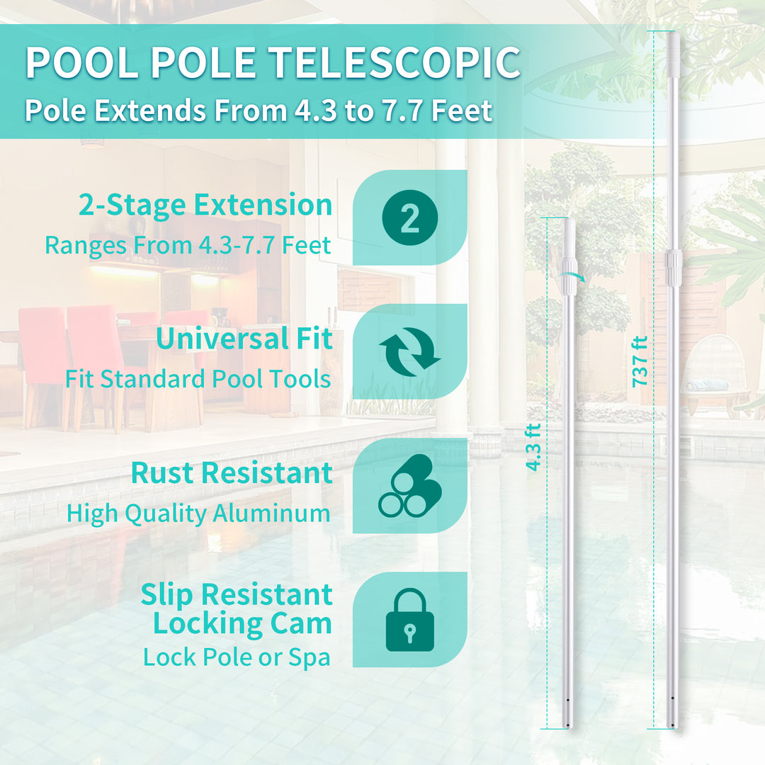 7.7FT Professional Aluminum Telescopic Swimming Pool Pole, 0.8mm Thickness, 1-1/4" Diameter for Skimmer Net, Brush, Vacuum Head