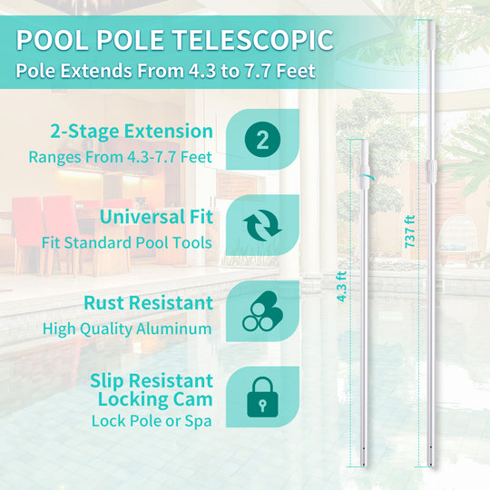7.7FT Professional Aluminum Telescopic Swimming Pool Pole, 0.8mm Thickness, 1-1/4" Diameter for Skimmer Net, Brush, Vacuum Head